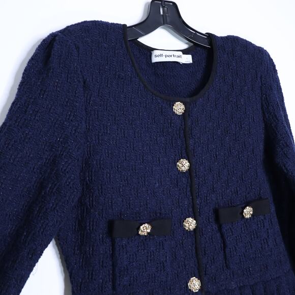 SELF-PORTRAIT Weave Knit Mini Dress Navy Tweed Metallic Long Sleeve Women's L - Picture 6 of 15
